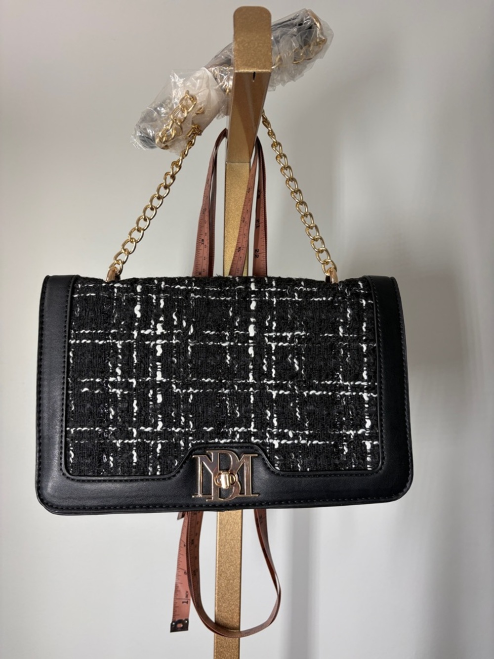 Black Tweed Chain Crossbody Bag